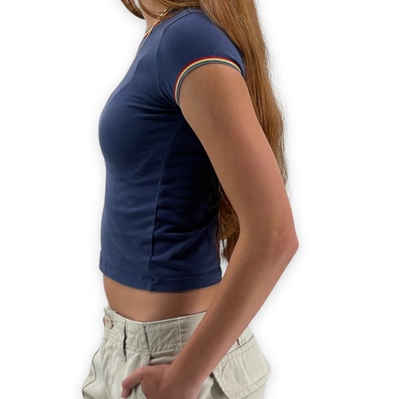 Vintage 2001 Old Navy Cropped Baby Tee Rainbow Stripe Trim Navy Blue | XXS/XS - Picture 6 of 8